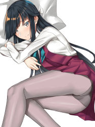 Rule 34 | 1girl, bad id, bad twitter id, black hair, blush, brown eyes, closed mouth, grey pantyhose, hayashimo (kancolle), highres, kantai collection, long hair, long sleeves, looking at viewer, lying, on side, pallad, panties, panties under pantyhose, pantyhose, simple background, smile, straight hair, underwear, white background