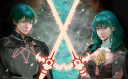 Rule 34 | 1boy, 1girl, armor, black cape, blue eyes, byleth (female) (fire emblem), byleth (fire emblem), byleth (male) (fire emblem), cape, closed mouth, detached collar, fire emblem, fire emblem: three houses, green hair, highres, holding, holding sword, holding weapon, looking at viewer, nintendo, pauldrons, shoulder armor, simple background, sword, sword of the creator, vijoux, weapon
