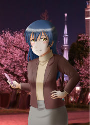 Rule 34 | 1girl, artist name, artist request, blue hair, blush, branch, breasts, brown jacket, cellphone, city, city lights, collared jacket, female focus, grey pants, hair between eyes, hand on own hip, highres, holding, holding cellphone, holding phone, jacket, light brown shirt, long hair, looking at viewer, love live!, love live! school idol project, nail, nail polish, night, night sky, outdoors, pants, parted lips, phone, sky, small breasts, smile, solo, sonoda umi, tree, turtleneck, yellow eyes