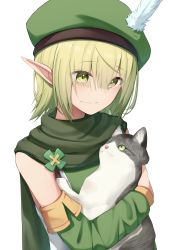 Rule 34 | 1girl, absurdres, amen osora, animal, aoi (princess connect!), beret, cat, detached sleeves, elf, green eyes, green hair, green hat, green scarf, green sleeves, hair between eyes, hat, hat feather, highres, holding, holding animal, holding cat, medium hair, pointy ears, princess connect!, scarf, simple background, solo, wavy mouth, white background