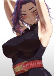 Rule 34 | 1girl, absurdres, armpits, arms behind head, bare shoulders, belt, boku no hero academia, breasts, closed mouth, covered erect nipples, dress, gradient background, highres, lady nagant, large breasts, looking at viewer, micchan (micchanmeido), multicolored hair, pink hair, prosthetic weapon, purple eyes, purple hair, short hair, sleeveless, sleeveless turtleneck dress, smile, solo, streaked hair, sweat, taut clothes, taut dress, two-tone hair, upper body, utility belt