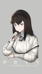 Rule 34 | 1girl, absurdres, arknights, black hairband, bow, bowtie, brown hair, closed mouth, commentary request, cropped torso, english text, grey background, grey bow, grey bowtie, hairband, hand up, highres, holding, holding pen, jacket, light smile, long hair, pen, priestess (arknights), purple eyes, ribbed sweater, simple background, solo, sweater, symbol-shaped pupils, turtleneck, turtleneck sweater, upper body, vchan, white jacket, white sweater