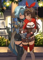 Rule 34 | 2girls, absurdres, amber (genshin impact), black hairband, blue hair, blurry, blurry background, blush, bow hairband, breasts, breasts out, brown gloves, brown hair, brown shorts, clothes pull, crossed bangs, eula (genshin impact), fingering, genshin impact, gloves, goggles, goggles on head, hair between eyes, hairband, hand under clothes, hand under shorts, heart, highres, lemontyoisy r18, long hair, looking at another, medium breasts, motion lines, multiple girls, nipples, open clothes, open mouth, outdoors, pussy juice, raised eyebrows, red hairband, short hair, shorts, shorts pull, standing, sweat, thigh strap, thighhighs, translation request, vision (genshin impact), yuri, zettai ryouiki