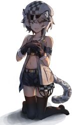 Rule 34 | 1girl, :d, absurdres, animal ears, arknights, armband, bandeau, bare shoulders, black gloves, black shorts, black thighhighs, cabbie hat, cliffheart (arknights), commentary request, fang, gloves, grey eyes, grey hair, hat, highres, kneeling, leopard ears, leopard tail, looking at viewer, midriff, mmia, navel, no shoes, open mouth, short hair, short shorts, shorts, sleeveless, smile, solo, stomach, tail, thighhighs