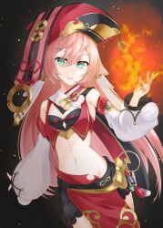 Rule 34 | 1girl, absurdres, antlers, blue eyes, breasts, crop top, cropped vest, detached sleeves, fire, genshin impact, groin, hat, highres, horns, long hair, long sleeves, looking at viewer, midriff, navel, open mouth, pink hair, pom pom (clothes), skirt, small breasts, smile, solo, very long hair, vest, yanfei (genshin impact), yuki-san (wdtm yuki)