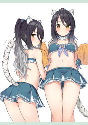 Rule 34 | 1girl, absurdres, animal ear fluff, animal ears, ass, black hair, blush, bow, dotted background, fluffy collar, gluteal fold, gradient hair, hair between eyes, hair bow, highres, legs together, maza kisuke, multicolored hair, multiple views, navel, ponytail, princess connect!, shiori (princess connect!), sidelocks, simple background, skirt, smile, swimsuit, tail, thigh gap, white hair, yellow eyes