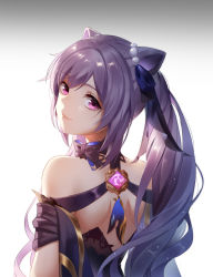 Rule 34 | 1girl, bare shoulders, black bow, blue ribbon, bow, closed mouth, from behind, genshin impact, gradient background, grey background, hair ribbon, head tilt, highres, keqing (genshin impact), long hair, looking at viewer, looking back, nine (pixiv2571715), pink eyes, ponytail, purple hair, ribbon, shoulder blades, smile, solo, upper body, very long hair, white background