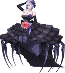 Rule 34 | 10s, 1girl, arthropod girl, bare shoulders, black dress, breasts, cleavage, dress, elbow gloves, extra eyes, flower, gloves, insect girl, large breasts, monster girl, monster musume no iru nichijou, monster musume no iru nichijou online, official art, rachnera arachnera, red eyes, short hair, smile, solo, spider girl