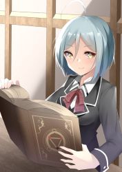 Rule 34 | 1girl, absurdres, black jacket, blue hair, book, breasts, classroom, closed mouth, commission, highres, holding, holding book, jacket, kannazuki arin, light blush, long sleeves, looking at viewer, medium breasts, pixiv commission, school uniform, short hair, simple background, smile, solo, trinity seven, upper body, yanwulazy, yellow eyes