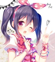 Rule 34 | 10s, 1girl, ;o, ayuma sayu, black hair, bow, bowtie, bracelet, brooch, center frills, commentary request, finger to own chin, frills, hair between eyes, hair ribbon, heart, heart-shaped pupils, jewelry, looking at viewer, love live!, love live! school idol project, m/, one eye closed, polka dot, polka dot ribbon, puffy short sleeves, puffy sleeves, red bow, red bowtie, red eyes, ribbon, short sleeves, solo, symbol-shaped pupils, twintails, twitter username, yazawa nico