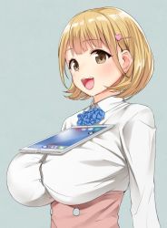 Rule 34 | 10s, 1girl, bad id, bad twitter id, blonde hair, breasts, brown eyes, hair ornament, hairclip, heart, heart hair ornament, ipad, jack dempa, large breasts, narusawa ryouka, occultic;nine, open mouth, smile, solo, tablet pc, tawawa challenge, teeth, tongue, upper body