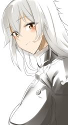 Rule 34 | 1girl, blush, borrowed character, closed mouth, doko tetora, from side, highres, jacket, long hair, looking at viewer, looking to the side, original, simple background, smile, solo, upper body, white background, white hair, white jacket, yellow eyes
