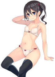Rule 34 | 1girl, arm up, black hair, black thighhighs, blue eyes, blush, bow, bow bra, bow panties, bra, collarbone, hair ornament, hairclip, looking at viewer, navel, original, panties, parsley-f, side ponytail, simple background, solo, stomach, thighhighs, underwear, underwear only, white background, white bra, white panties