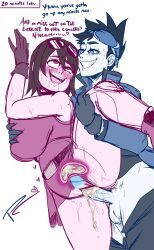 Rule 34 | 1boy, 1girl, ahegao, blush, breasts, capcom, clothed sex, clothing aside, cum, cum in pussy, english text, fakeryway, geo stelar (mega man), grabbing, grabbing another&#039;s breast, hetero, highres, large breasts, leg lift, mega man (series), mega man star force, panties, panties aside, penis, pussy, sex, signature, sonia strumm (mega man), standing, standing sex, testicles, underwear, vaginal, wet, white background, x-ray