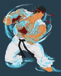 Rule 34 | 1boy, black hair, clenched teeth, cropped legs, dougi, energy ball, fighting stance, forked eyebrows, hadouken, headband, hereticanthemthed, looking to the side, male focus, muscular, muscular male, pectoral cleavage, pectorals, red headband, ryu (street fighter), short hair, solo, street fighter, teeth, thick eyebrows