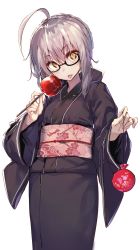 Rule 34 | 1girl, ahoge, akieda, artoria pendragon (fate), black-framed eyewear, blonde hair, blush, candy apple, commentary request, dress, fate/grand order, fate (series), food, highres, japanese clothes, kimono, looking at viewer, mysterious heroine x alter (fate), open mouth, ribbon, semi-rimless eyewear, short hair, simple background, solo, under-rim eyewear, white background, yellow eyes
