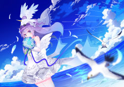 Rule 34 | 1girl, ahoge, animal, azur lane, bare shoulders, bird, blue flower, blue ribbon, blue rose, blue sky, blurry, blurry foreground, blush, bouquet, cloud, commentary request, covered mouth, day, depth of field, detached sleeves, dress, dutch angle, feathered wings, feathers, flower, holding, holding bouquet, horizon, long hair, long sleeves, looking at viewer, ocean, on head, one side up, outdoors, pleated dress, purple eyes, purple hair, ribbon, rose, seagull, sky, solo, standing, stuffed animal, stuffed pegasus, stuffed toy, stuffed unicorn, stuffed winged unicorn, thighhighs, unicorn (azur lane), very long hair, water, white dress, white feathers, white flower, white rose, white thighhighs, white wings, wings, yuujin (mhhnp306), yuujin (yuzinn333)