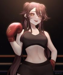 Rule 34 | 1girl, :d, absurdres, alternate costume, black shorts, black sports bra, blurry, blurry background, boxing gloves, boxing ring, breasts, brown eyes, brown hair, collarbone, commentary, cowboy shot, crop top, depth of field, eyebrows hidden by hair, genshin impact, gloves, hand on own hip, hand up, highres, hu tao (genshin impact), light particles, long hair, looking at viewer, medium breasts, midriff, open mouth, red gloves, sevkyi, short shorts, shorts, smile, solo, sports bra, star-shaped pupils, star (symbol), swept bangs, symbol-shaped pupils, tank top, teeth, twintails, upper teeth only