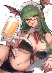 1girl @_@ absurdres alcohol ap_cammy beer beer_mug bikini black_bikini breasts cup darkstalkers demon_girl demon_wings front-tie_bikini_top front-tie_top glasses green_eyes green_hair head_wings highres holding holding_cup large_breasts long_hair maid_headdress morrigan_aensland mug navel semi-rimless_eyewear side-tie_bikini_bottom solo swimsuit under-rim_eyewear wings