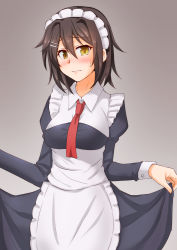 Rule 34 | 1girl, alternate costume, anti (untea9), apron, blush, brown hair, curtsey, embarrassed, enmaided, frilled apron, frills, furutaka (kancolle), hair between eyes, highres, kantai collection, long sleeves, looking at viewer, maid, maid apron, maid headdress, necktie, puffy long sleeves, puffy sleeves, red necktie, short hair, skirt hold, solo, sweatdrop, waist apron, white apron, yellow eyes