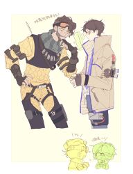 Rule 34 | 2boys, animification, apex legends, belt, black belt, black gloves, black hair, blue pants, blush, bodysuit, brown hair, brown jacket, chibi, chibi inset, chinese text, collared shirt, crypto (apex legends), facial hair, fingerless gloves, four have., gloves, goatee, green scarf, hand on own hip, highres, holographic monitor, inconspicuous crypto, jacket, looking ahead, looking at viewer, male focus, mirage (apex legends), multiple boys, official alternate costume, pants, scarf, shirt, surprised, translation request, white shirt, yellow bodysuit