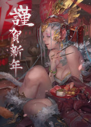 Rule 34 | 1girl, albino, alcohol, animal, animal ears, architecture, baraba baba, bare shoulders, blue ribbon, blurry, boots, bracelet, breast press, breasts, breasts squeezed together, chopsticks, cleavage, colored eyelashes, cup, depth of field, earrings, east asian architecture, fingernails, food, fur, fur trim, gem, gold, grey hair, hair ornament, hair stick, highres, holding, jewelry, lantern, long fingernails, long hair, makeup, marble (toy), meat, medium breasts, monkey, monkey ears, monkey tail, motion blur, new year, night, original, paper lantern, parted lips, petals, pink lips, plate, railing, red eyes, red ribbon, ribbon, rope, sakazuki, sake, scroll, sharp fingernails, sitting, solo, strapless, string, tail, tassel, text focus, tofu, translation request, transparent