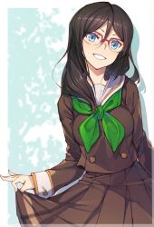 Rule 34 | 1girl, 3s, aqua background, black hair, blue eyes, border, breasts, brown serafuku, brown skirt, buttoned cuffs, buttons, clothes lift, cowboy shot, double-breasted, double-parted bangs, drop shadow, eyelashes, glasses, green neckerchief, grin, hair between eyes, head tilt, hibike! euphonium, highres, lifted by self, light blue background, long hair, long sleeves, looking at viewer, medium breasts, neckerchief, open mouth, outside border, over-rim eyewear, pleated skirt, red-framed eyewear, sailor collar, school uniform, semi-rimless eyewear, serafuku, single stripe, skirt, skirt lift, smile, solo, striped clothes, striped skirt, tanaka asuka, white border, white sailor collar