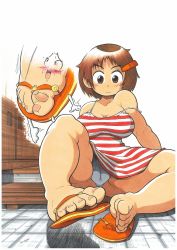 Rule 34 | 1girl, absurdres, between toes, blush, breasts, brown eyes, brown hair, cameltoe, collarbone, curvy, erection, fat mons, feet, foot focus, footjob, full body, highres, hitoshi kusano, large breasts, penis, personification, plump, pussy, sandals, short hair, smile, spread legs, tagme, toes, uncensored, what, wide hips
