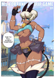 Rule 34 | 1girl, adapted costume, barefoot, belt, belt pouch, blue eyes, bob cut, breasts, choker, cityscape, claws, cleavage, dark-skinned female, dark skin, detached leggings, english text, fangs, fingerless gloves, gloves, large breasts, ms. fortune (skullgirls), navel, neck bell, open mouth, paw pose, pouch, redjet, revealing clothes, scar, short hair, skullgirls, smile, solo, strapless, thong, tube top, underboob, white hair