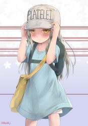 Rule 34 | 10s, 1girl, arms up, backpack, bag, blue shirt, blush, character name, closed mouth, collarbone, commentary, english commentary, flat cap, grey hat, grey shorts, hands on headwear, hat, hataraku saibou, highres, hikari niji, light frown, long hair, looking at viewer, nose blush, oversized clothes, oversized shirt, platelet (hataraku saibou), shirt, short shorts, short sleeves, shorts, shoulder bag, solo, standing, twitter username, very long hair, yellow eyes