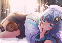 Rule 34 | 1girl, animal, animal ears, aqua eyes, aqua hair, bear ears, bear girl, blurry, blurry background, boar, character request, closed mouth, commentary, commission, curtains, depth of field, english commentary, fujikura uruka, hair ornament, hand on own face, head rest, highres, indoors, jacket, long hair, long sleeves, looking at viewer, lying, multicolored hair, on bed, phase connect, second-party source, smile, solo, sunlight, two-tone hair, virtual youtuber, wide sleeves, window, yyukipia
