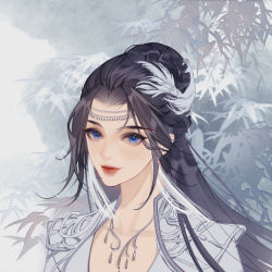 Rule 34 | 1girl, black hair, blue eyes, cleavage cutout, closed mouth, clothing cutout, doupo cangqiong, earrings, hair ornament, jewelry, leaf, long hair, necklace, portrait, smile, solo, tassel, tassel earrings, upper body, white background, yun yun (doupo cangqiong), zi nu zhuye jun