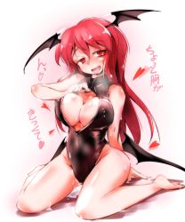 Rule 34 | 1girl, alternate costume, bat wings, blush, breasts, breath, cleavage, cleavage cutout, clothing cutout, competition swimsuit, front zipper swimsuit, fumitsuki (minaduki 6), gradient background, head wings, heart, heart-shaped pupils, highres, koakuma, large breasts, long hair, looking at viewer, meme attire, one-piece swimsuit, open mouth, red eyes, red hair, saliva, simple background, sitting, smile, solo, sweat, swimsuit, symbol-shaped pupils, text focus, tongue, touhou, wings