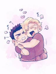 Rule 34 | 2boys, :d, = =, ao isami, black hair, blonde hair, blush, closed eyes, couple, cropped legs, facial hair, hand on another&#039;s arm, hand on another&#039;s cheek, hand on another&#039;s face, hand on another&#039;s waist, heart, highres, hug, lewis smith, loving aura, m2 8310141, male focus, multiple boys, open mouth, puff of air, short hair, short sleeves, sideburns stubble, smile, stubble, twitter username, watermark, yaoi, yuuki bakuhatsu bang bravern