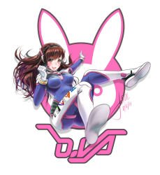Rule 34 | 1girl, animal print, blue bodysuit, blurry, blush, bodysuit, breasts, brown eyes, brown hair, character name, clenched hand, clothes writing, d.va (overwatch), dated, depth of field, emblem, facepaint, facial mark, foreshortening, full body, gloves, headphones, high collar, highres, long hair, looking at viewer, medium breasts, namiko.keita, open mouth, outstretched arm, overwatch, overwatch 1, pilot suit, pink lips, rabbit print, ribbed bodysuit, shadow, shoulder pads, signature, simple background, skin tight, smile, solo, swept bangs, whisker markings, white background, white gloves