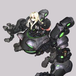 Rule 34 | 1girl, armor, belt, bent over, black shirt, black skirt, black thighhighs, blonde hair, breasts, closed mouth, commentary request, detached sleeves, expressionless, full body, grey background, highres, jun (navigavi), leaning forward, long hair, long sleeves, looking afar, looking away, mecha, miniskirt, pleated skirt, robot, shaded face, shirt, simple background, skirt, small breasts, tareme, thighhighs, zettai ryouiki