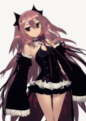Rule 34 | 10s, 1girl, absurdres, bad id, bad pixiv id, black dress, black ribbon, bow, breasts, closed mouth, detached collar, detached sleeves, dress, hair between eyes, hair ornament, highres, hirota tsuu, krul tepes, kstaisa, long hair, looking at viewer, owari no seraph, pink hair, pointy ears, red bow, red eyes, ribbon, simple background, sleeves past wrists, small breasts, smile, solo, thigh gap, thighhighs, vampire, very long hair, white background