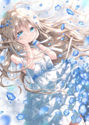 Rule 34 | 1girl, bare arms, bare shoulders, blonde hair, blue eyes, blue flower, blurry, blurry background, breasts, commentary request, depth of field, dress, floating hair, flower, hair between eyes, hands on own face, hands up, indie virtual youtuber, layered dress, long hair, looking at viewer, nemophila (flower), parted lips, petals, pleated dress, signature, sleeveless, sleeveless dress, small breasts, solo, uchuuneko, uchuuneko (vtuber), very long hair, virtual youtuber, white dress