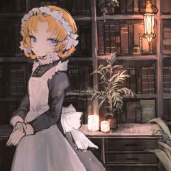 Rule 34 | 1girl, 32 (rt 32 bbk), alternate costume, blue eyes, book, bookshelf, bottle, braid, candle, desk, dress, enmaided, framed, girls und panzer, indoors, lantern, maid, maid headdress, orange hair, parted bangs, picture frame, plant, potted plant, solo, standing, twin braids