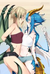 Rule 34 | 2girls, asymmetrical docking, bare arms, blonde hair, blue eyes, blush, breast press, breasts, commentary, crop top, crossover, draco (monster musume), dragon girl, dragon horns, dragon tail, dragon wings, english commentary, eye contact, hand on another&#039;s hip, highres, horns, lindaroze, looking at another, midriff, monster girl, monster musume no iru nichijou, monster musume no oisha-san, multiple girls, navel, pale skin, pointy ears, scales, short hair, short shorts, shorts, sidelocks, skadi dragenfelt, small breasts, smile, tail, trait connection, wings, yuri