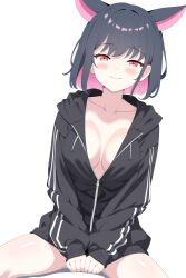 Rule 34 | 1girl, absurdres, animal ears, black hair, black jacket, blue archive, blush, breasts, cleavage, closed mouth, collarbone, extra ears, highres, jacket, kazusa (blue archive), long hair, long sleeves, looking at viewer, medium breasts, multicolored hair, pink hair, red eyes, shiguren 39, simple background, sitting, smile, solo, thighs, track jacket, two-tone hair, white background