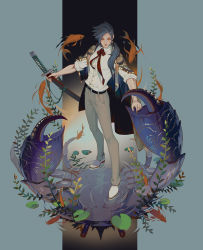 Rule 34 | 1boy, animal, arm tattoo, belt, black belt, blue hair, bow, bowtie, brown pants, cancer (zodiac), cape, chinese commentary, closed mouth, collared shirt, crab, fish, full body, green eyes, hair over shoulder, highres, lian yao, light smile, lily pad, long hair, looking at viewer, male focus, original, oversized animal, pants, personification, plant, ponytail, red bow, red bowtie, ripples, seaweed, shirt, sleeves rolled up, solo, standing, standing on liquid, tattoo, white footwear, white shirt, zodiac