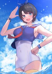 Rule 34 | 1girl, :d, absurdres, aqua eyes, armpits, bare arms, bird, black hair, blue bow, blue hairband, blue shirt, blue sky, blush, bow, breasts, cloud, cloudy sky, collarbone, commentary request, covered navel, cowboy shot, crop top, day, fang, from below, hairband, hand on own hip, hand up, highres, hololive, looking at viewer, medium breasts, neckerchief, old school swimsuit, one-piece swimsuit, oozora subaru, open mouth, red neckerchief, sailor collar, school swimsuit, shirt, short hair, sky, sleeveless, sleeveless shirt, smile, solo, standing, swept bangs, swimsuit, thighhighs, virtual youtuber, wading, water drop, waving, white one-piece swimsuit, wristband, yoshiheihe