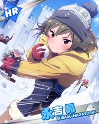 Rule 34 | &gt;:), 10s, 2girls, beanie, blush, boots, brown hair, character name, handa roco, hat, idolmaster, idolmaster million live!, jacket, looking at viewer, multiple girls, nagayoshi subaru, official art, pantyhose, snow, snowball, snowball fight, v-shaped eyebrows, winter clothes