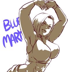 Rule 34 | 1girl, armpits, arms up, blue mary, breasts, fatal fury, fingerless gloves, gloves, highres, large breasts, looking at viewer, midriff, monochrome, navel, open mouth, pants, short hair, smile, snk, the king of fighters, toned