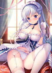 Rule 34 | 1girl, apron, azur lane, bad id, bad pixiv id, belfast (azur lane), blue dress, blurry, blurry background, blush, book, book stack, bow, bow panties, braid, breasts, chain, cleavage, closed mouth, clothes lift, collar, collarbone, curtains, day, depth of field, dress, dress lift, elbow gloves, embarrassed, garter belt, garter straps, gauntlets, gloves, hand up, head tilt, highres, indoors, large breasts, lifting own clothes, little bel (azur lane), long hair, looking at viewer, maid, maid headdress, medium breasts, navel, panties, pink ribbon, purple eyes, ribbon, see-through, silver hair, sitting, solo, sousouman, sparkle, sweat, thighhighs, underwear, very long hair, wet, wet clothes, white gloves, white panties, white thighhighs, window