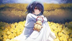 Rule 34 | 1girl, absurdres, blue hair, blush, braid, crossed arms, dark blue hair, doll, dress, field, flower, flower field, highres, holding, holding doll, idolmaster, idolmaster shiny colors, knees up, light smile, looking at viewer, looking to the side, morino rinze, outdoors, red eyes, sitting, solo, sora (men0105), white dress, yellow flower