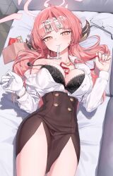 Rule 34 | 1girl, aru (blue archive), bed, bed sheet, black bra, black skirt, blue archive, blush, bra, breasts, brown horns, closed mouth, cowboy shot, demon horns, glasses, gloves, halo, horns, large breasts, long hair, looking at viewer, pink hair, pink halo, rivet (vvrn2825), shirt, single glove, skirt, solo, underwear, white gloves, white shirt, yellow eyes