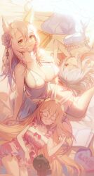 Rule 34 | absurdres, animal ears, bed sheet, blonde hair, bloomers, book, bow, breasts, cleavage, closed eyes, closed mouth, commentary, dambang, dress, echocalypse, english text, eriri (echocalypse), facing viewer, flower, fox ears, fox girl, frilled dress, frills, from above, green eyes, grey hair, hair between eyes, hair flower, hair ornament, hand on own chest, heart, heart-shaped pillow, highres, large breasts, long hair, looking at viewer, looking up, lying, medium breasts, medium hair, on back, on bed, one eye closed, open book, parted lips, pillow, pink bloomers, pink bow, pink shirt, rabbit ears, rabbit girl, shirt, sideboob, sidelocks, sitting, sleeping, sleeveless, sleeveless dress, small breasts, smile, snezhana (echocalypse), sova (echocalypse), stuffed animal, stuffed toy, sunlight, teddy bear, underwear, very long hair, white dress, white flower, yellow eyes