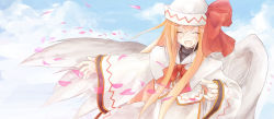 Rule 34 | 1girl, blonde hair, cherry blossoms, closed eyes, cloud, day, female focus, hat, hat ribbon, lily white, long hair, neck ribbon, open mouth, petals, ribbon, smile, solo, touhou, white hat, wide sleeves, wings, yukitarou (awamori)